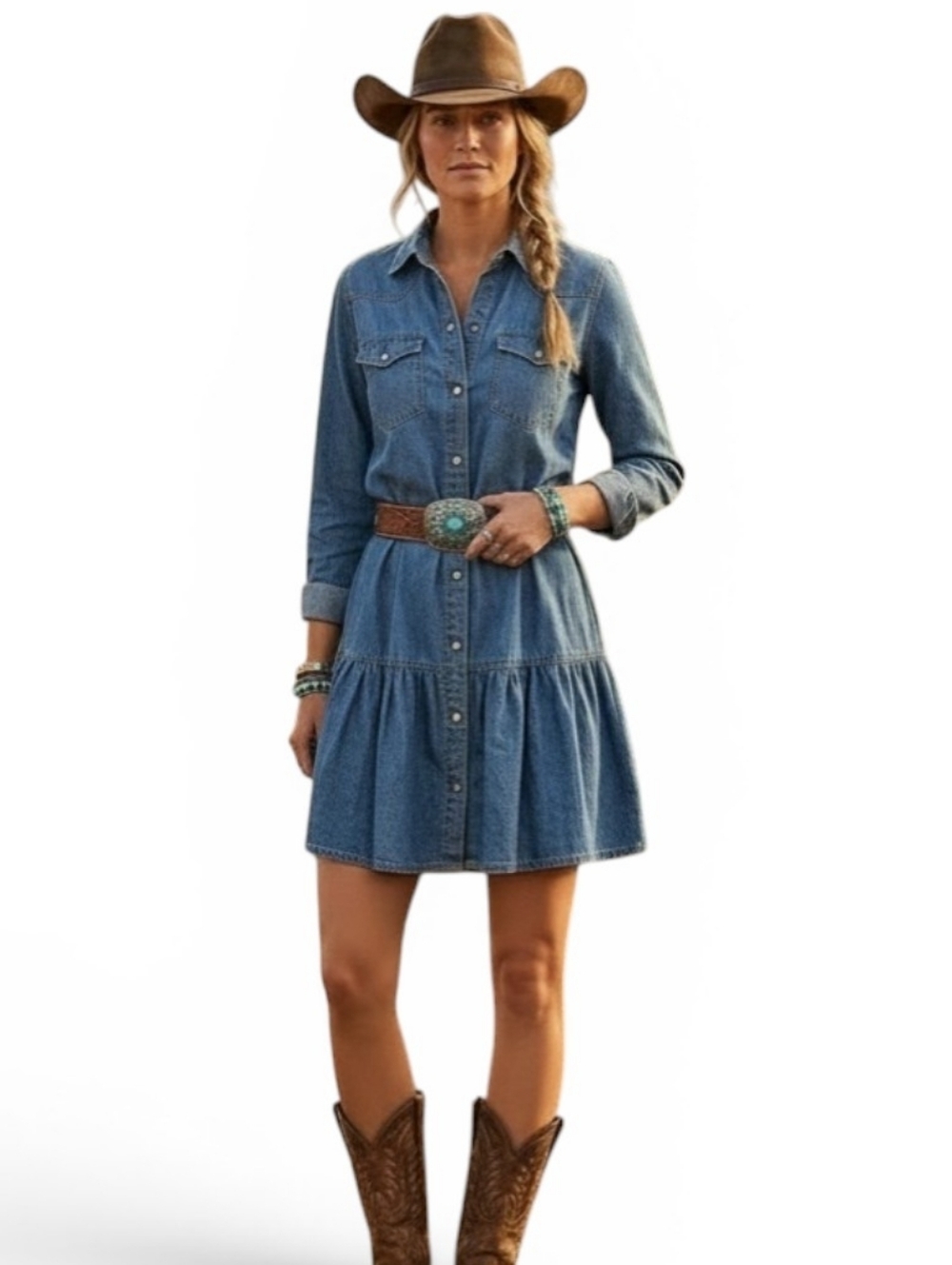 Boho Western Denim Tiered Button-Front Shirt Mini Dress Long Sleeve SZ M